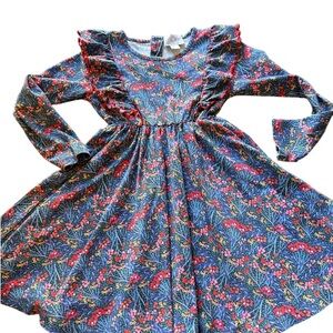 Girls' Floral Navy Long-Sleeve Ruffle Dress